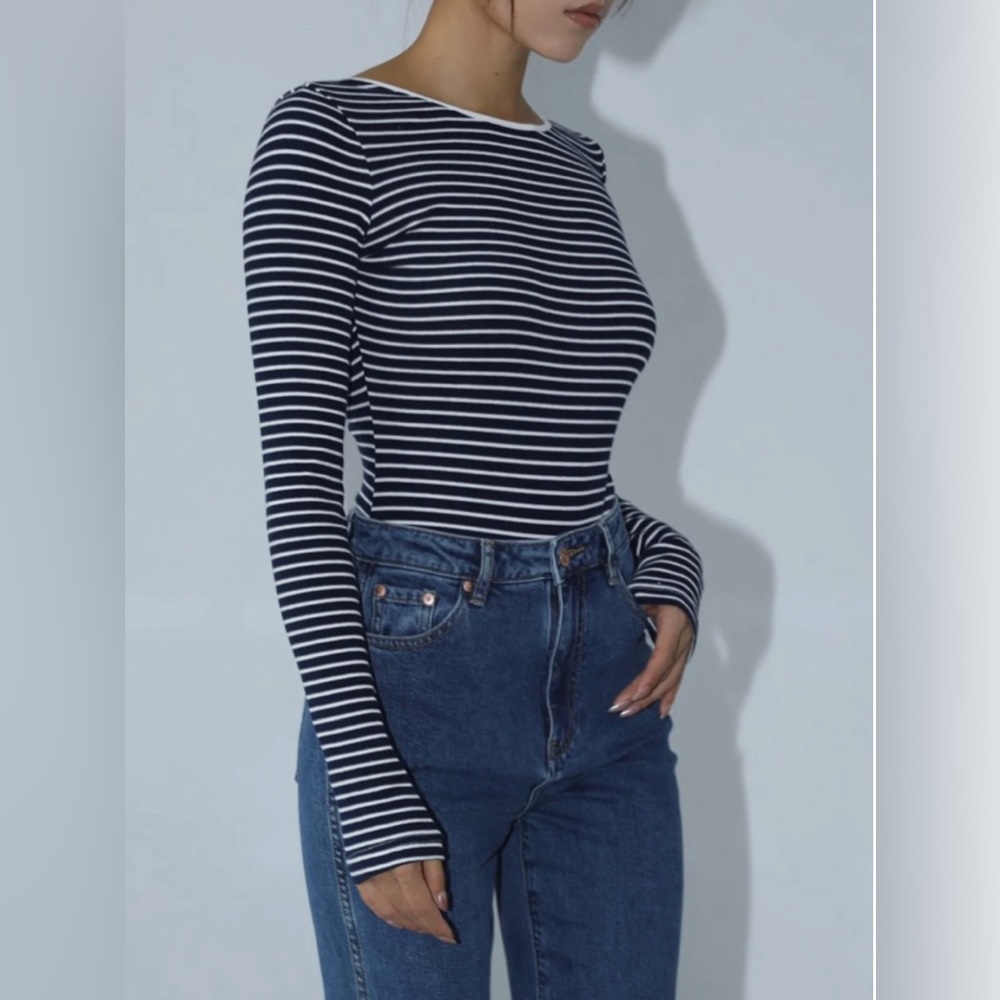 Commence Navy Striped Scoop Back Bodysuit